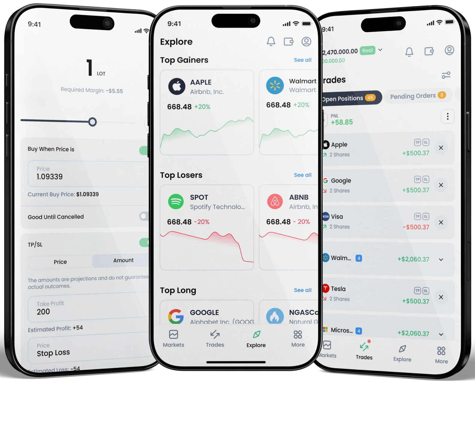 Three smartphone screens displayed side by side, showing trading interfaces with charts, instrument lists, and order details